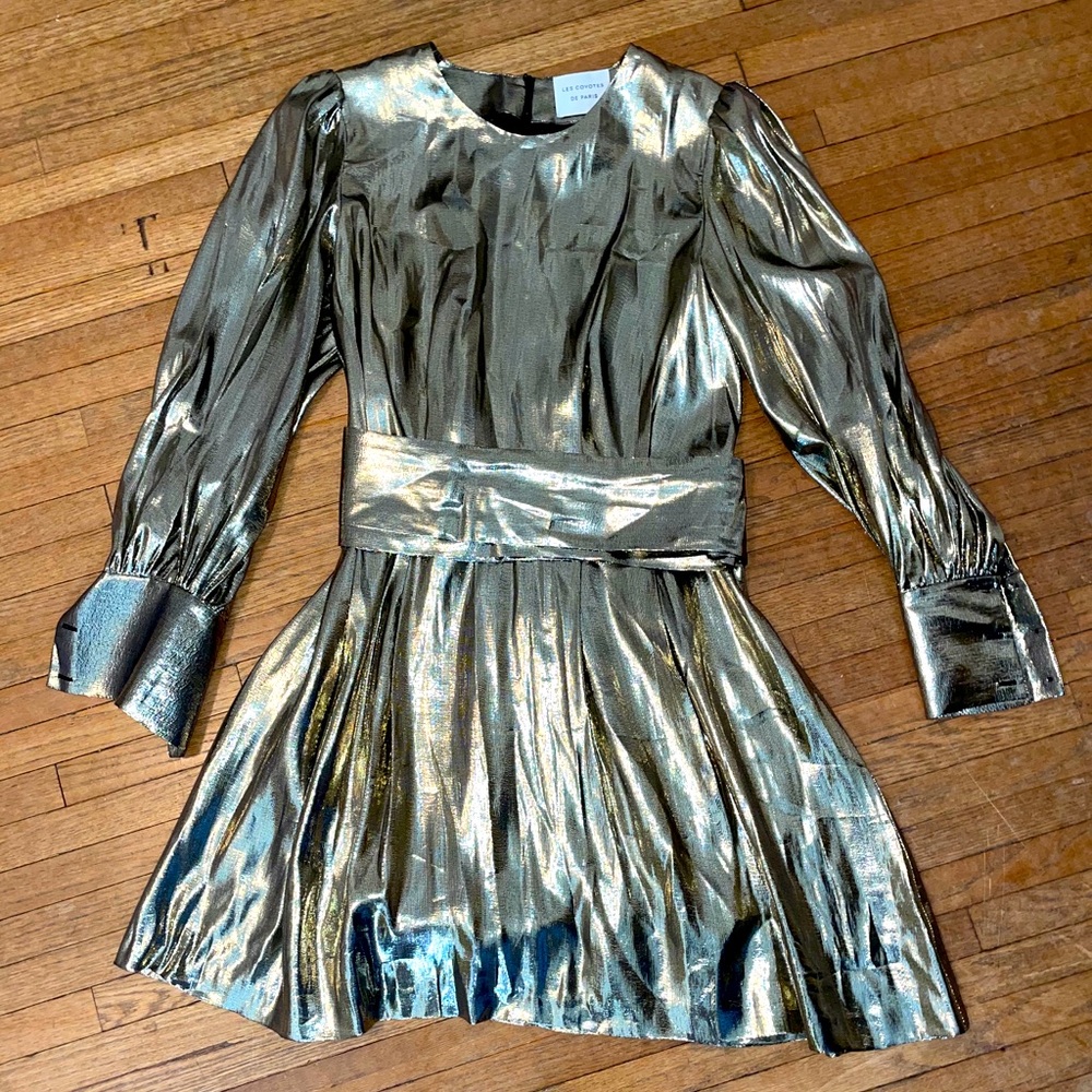 Metallic Gold Long-Sleeve Pleated Mini Dress
